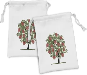 Ambesonne Rowan Fabric Pouch Set of 2, Rowan Tree Full of Fruits Drawing Print Ecology Themed Art Illustration, Small Drawstring Bag for Toiletries Masks and Favors, 9" x 6", Olive Green Dark Coral