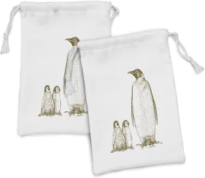 Ambesonne Sea Animals Fabric Pouch Set of 2, Engraving Antique Illustration King Penguin and Penguins Nestling Nature, Small Drawstring Bag for Toiletries Masks and Favors, 9" x 6", Olive Green