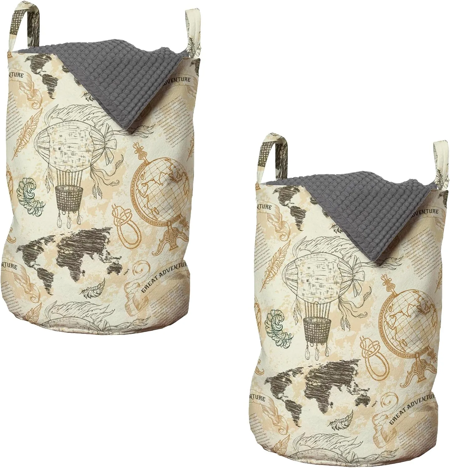 Ambesonne World Map Laundry Bag Pack of 2, Pattern Vintage Globe Atlas Theme Airship Knots Ribbon Retro Print, Hamper Basket with Handles Drawstring Closure, 13" x 19", Beige