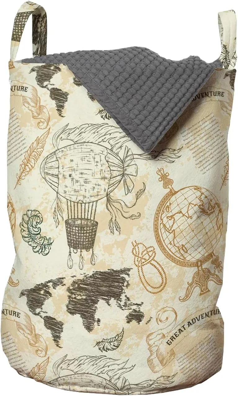 Ambesonne World Map Laundry Bag Pack of 2, Pattern Vintage Globe Atlas Theme Airship Knots Ribbon Retro Print, Hamper Basket with Handles Drawstring Closure, 13" x 19", Beige
