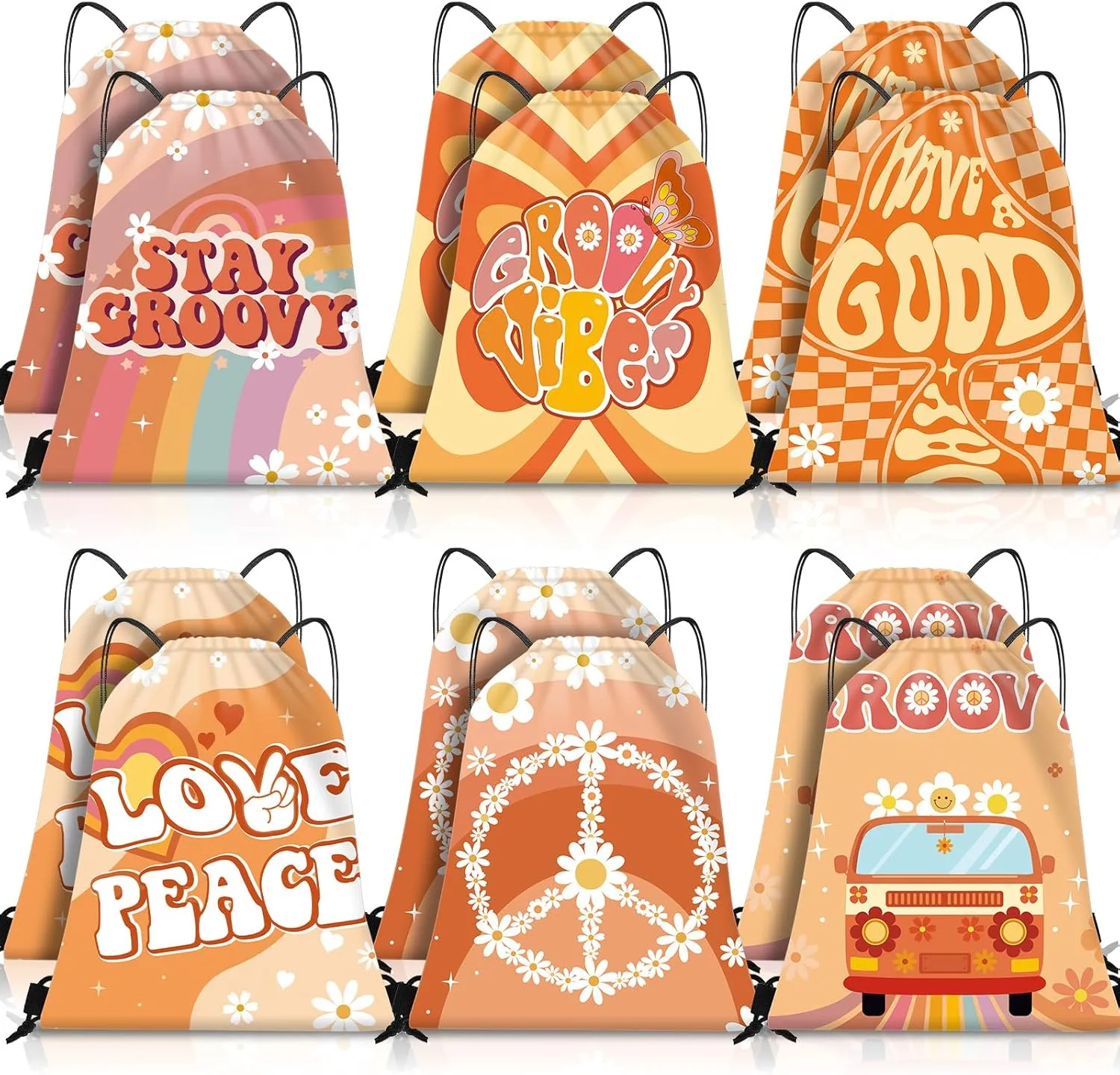 Amylove Groovy Party Favor Bag Drawstring Backpack Groovy Party Hippie Daisy Flower Gift Bags for Kids Candy Birthday(12 Pcs)