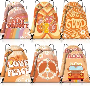 Amylove Groovy Party Favor Bag Drawstring Backpack Groovy Party Hippie Daisy Flower Gift Bags for Kids Candy Birthday(12 Pcs)