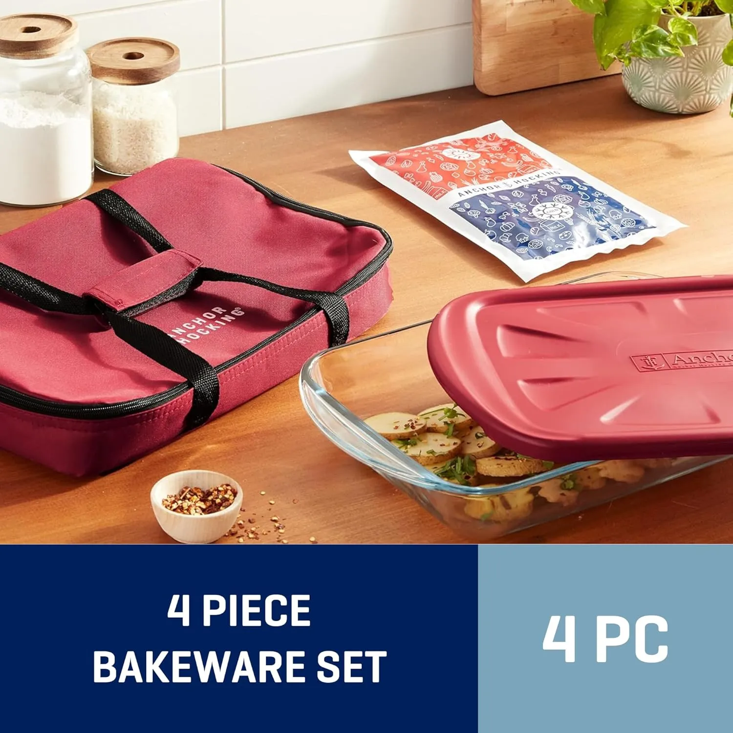 Anchor Hocking Glass Baking Dishes for Oven with Casserole Carrier, 4 Piece Set (3 Quart Glass Baking Dish, Red Lid, Red Thermal Carrier, and Hot/Cold Pack)