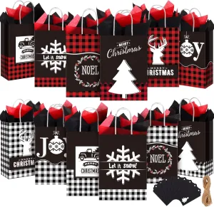 Aneco 24 Pieces Christmas Kraft Gift Bags with 30 Pieces Tissue Paper and 24 Pieces Tags 6 Patterns Buffalo Plaid Gift Bag with Handles for Xmas Party Favors Supplies (8.6 x 6.3 x 3.1 Inch)