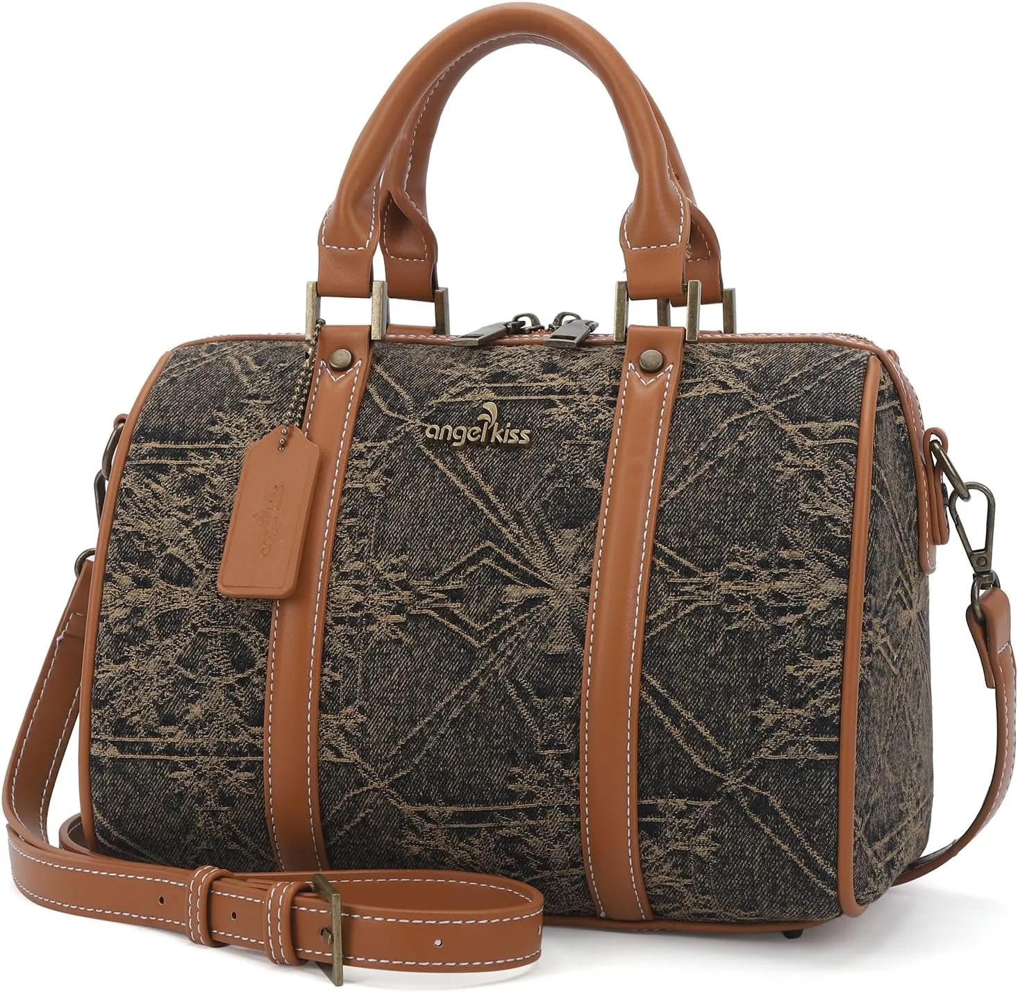 Angel Kiss Women Satchel Purses and Handbags Vegan Leather Boston Barrel Bag Top Handle Shoulder Purse with Crossbody Strap