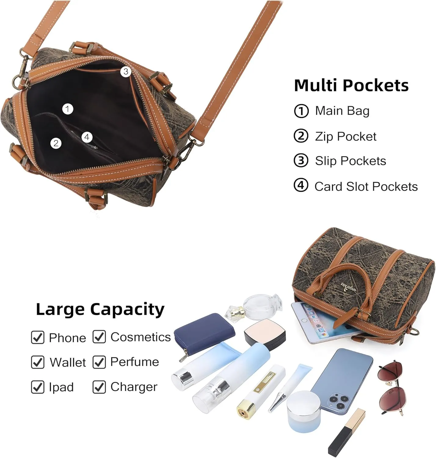 Angel Kiss Women Satchel Purses and Handbags Vegan Leather Boston Barrel Bag Top Handle Shoulder Purse with Crossbody Strap