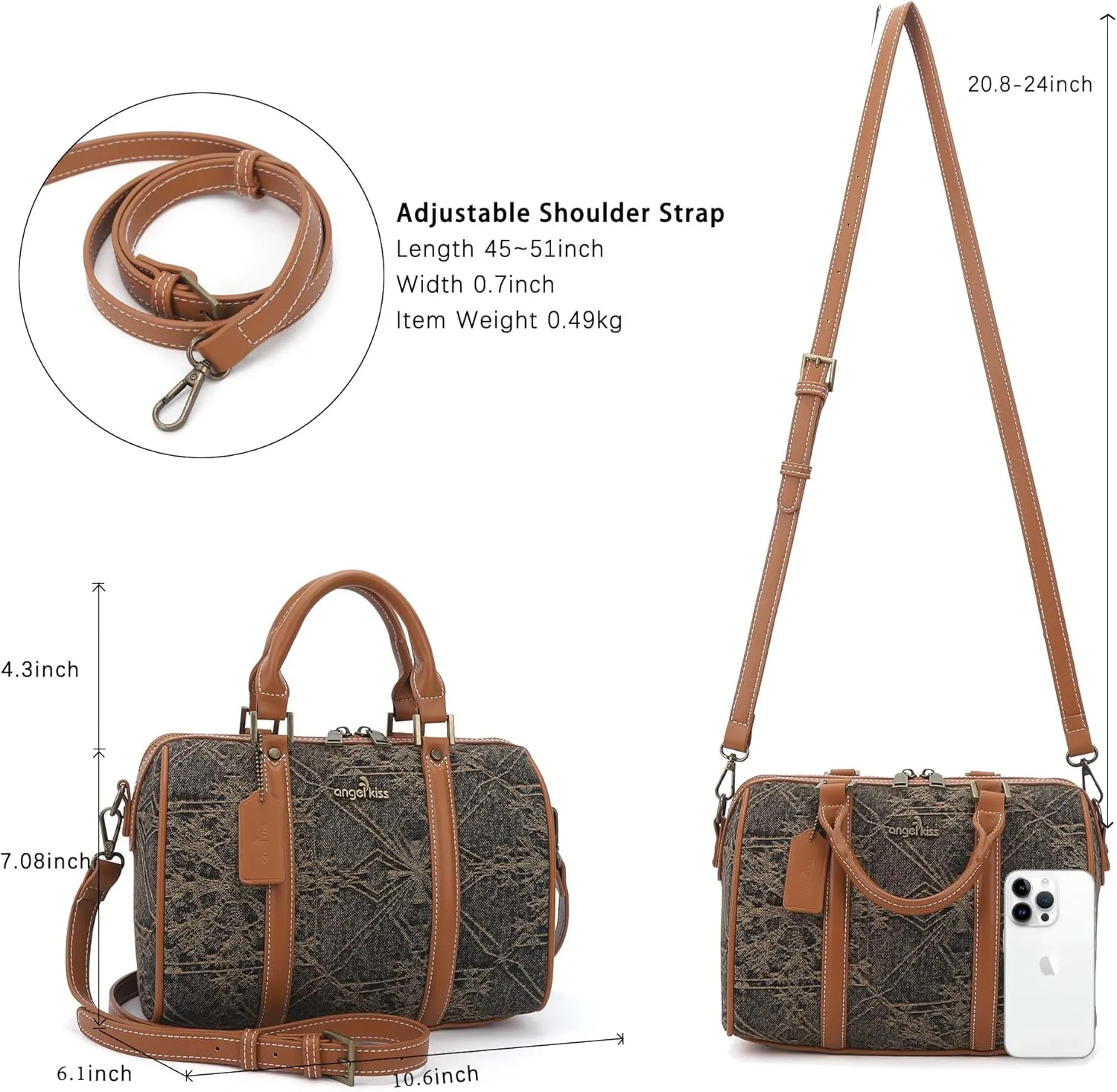 Angel Kiss Women Satchel Purses and Handbags Vegan Leather Boston Barrel Bag Top Handle Shoulder Purse with Crossbody Strap