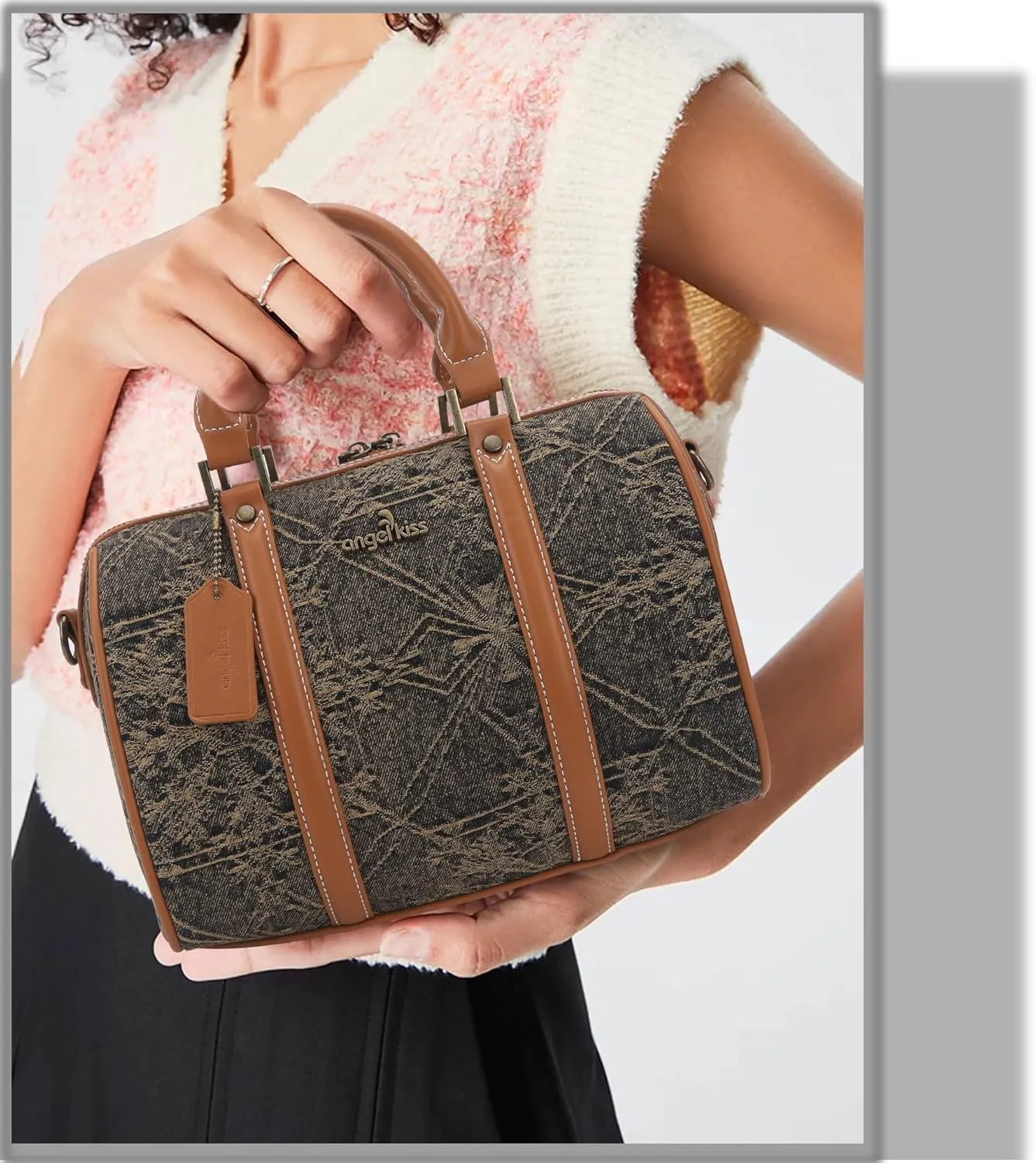 Angel Kiss Women Satchel Purses and Handbags Vegan Leather Boston Barrel Bag Top Handle Shoulder Purse with Crossbody Strap