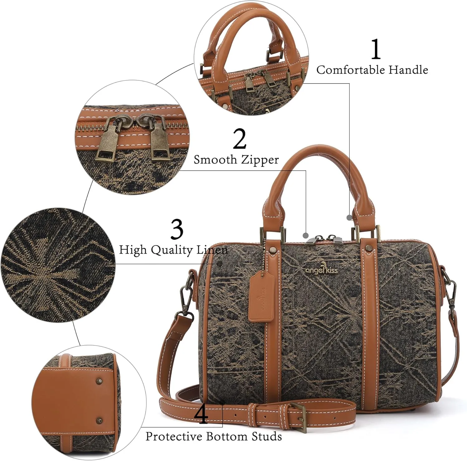 Angel Kiss Women Satchel Purses and Handbags Vegan Leather Boston Barrel Bag Top Handle Shoulder Purse with Crossbody Strap