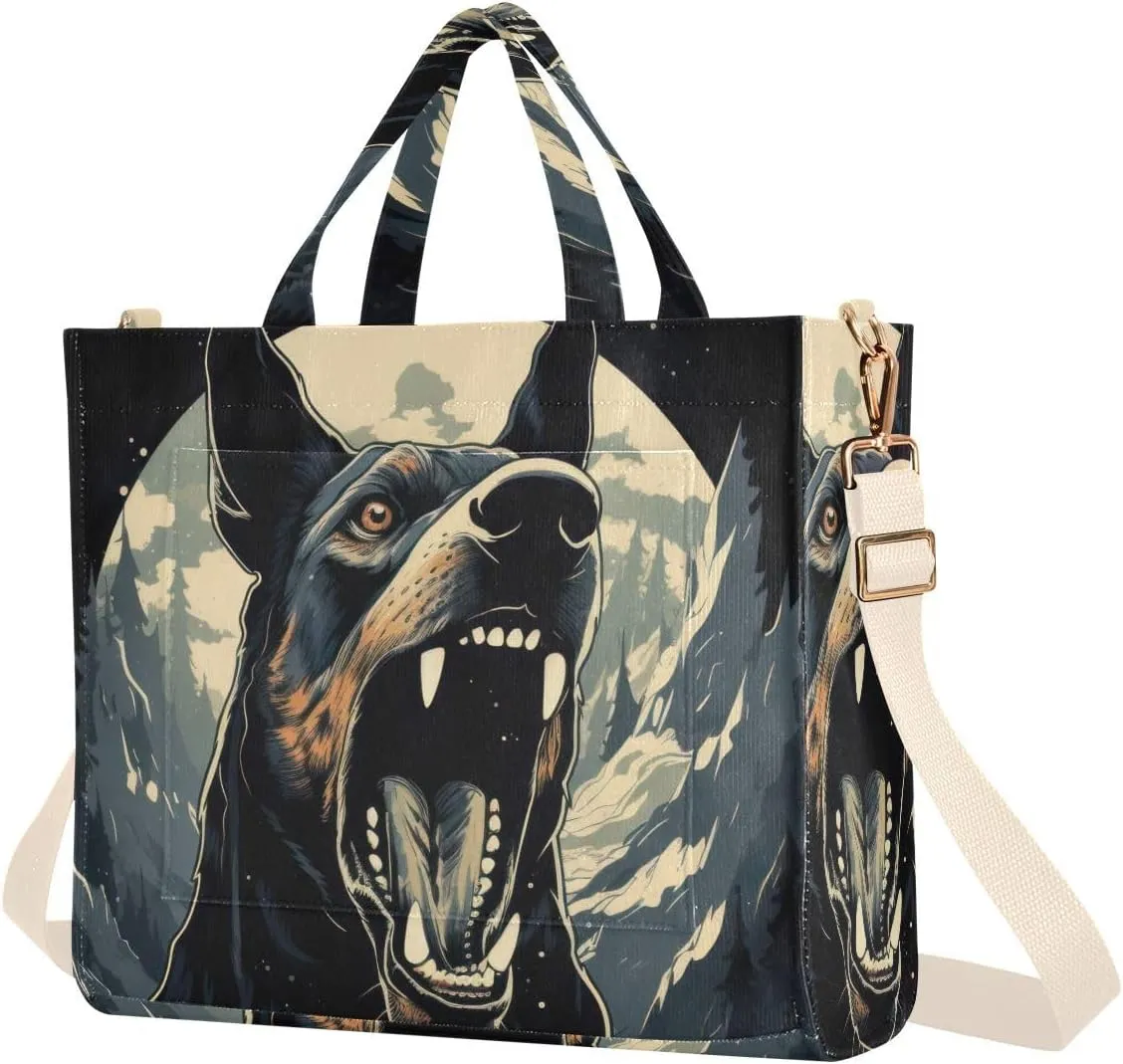 Angry Dog Face Corduroy Women Tote Bag, Handbag Purse with Detachable Strap Small Size