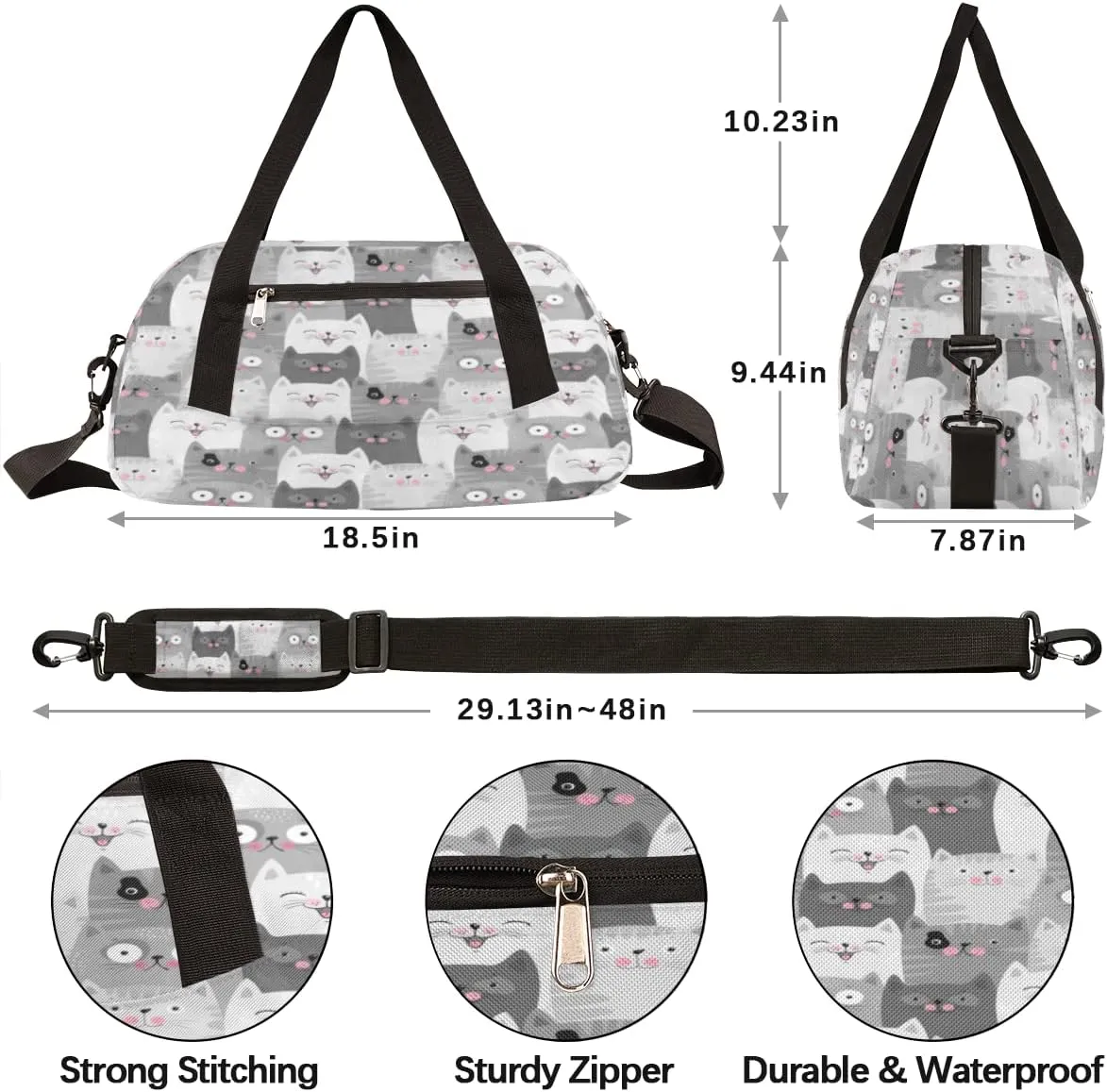 Animal Cats Funny Pattern Gym Bags for Women & Men - Small Travel Duffel Bag for Sports, Getaway, Overnight & Workout Use