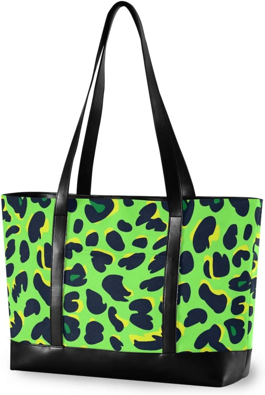Animal Leopard Fur Print Lawn Green Black modern canvas laptop tote bag with zipper for college with Personalized bolsa para computadora portatil mujer