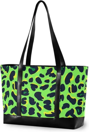 Animal Leopard Fur Print Lawn Green Black modern canvas laptop tote bag with zipper for college with Personalized bolsa para computadora portatil mujer