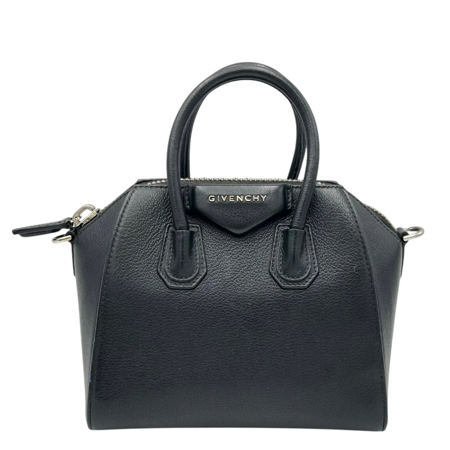 Antigona Mini Black Top Handle Bag in Goat Leather, Silver hardware