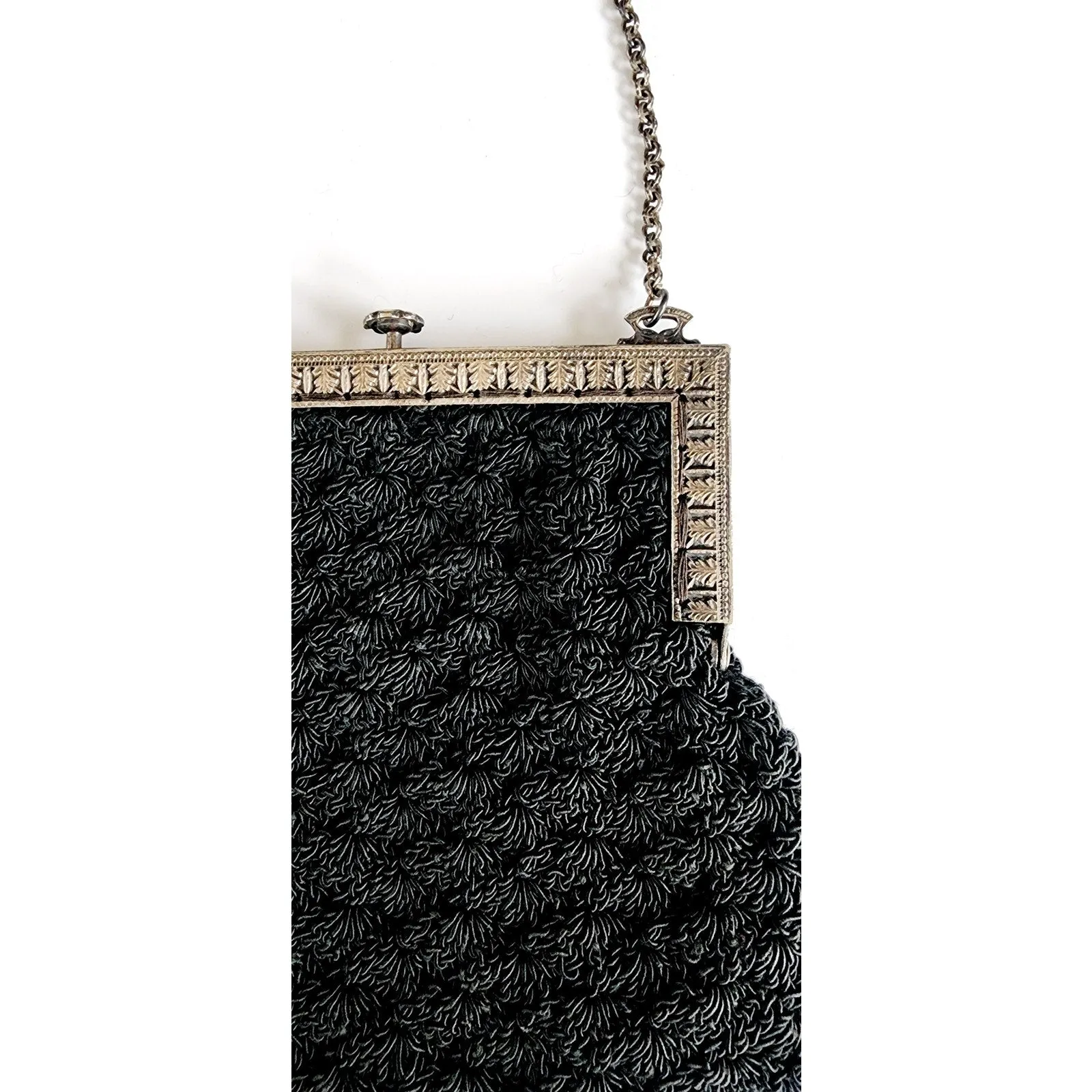 Antique Black Crochet Bag Silver Metal Etched Frame Edwardian 1910s Purse