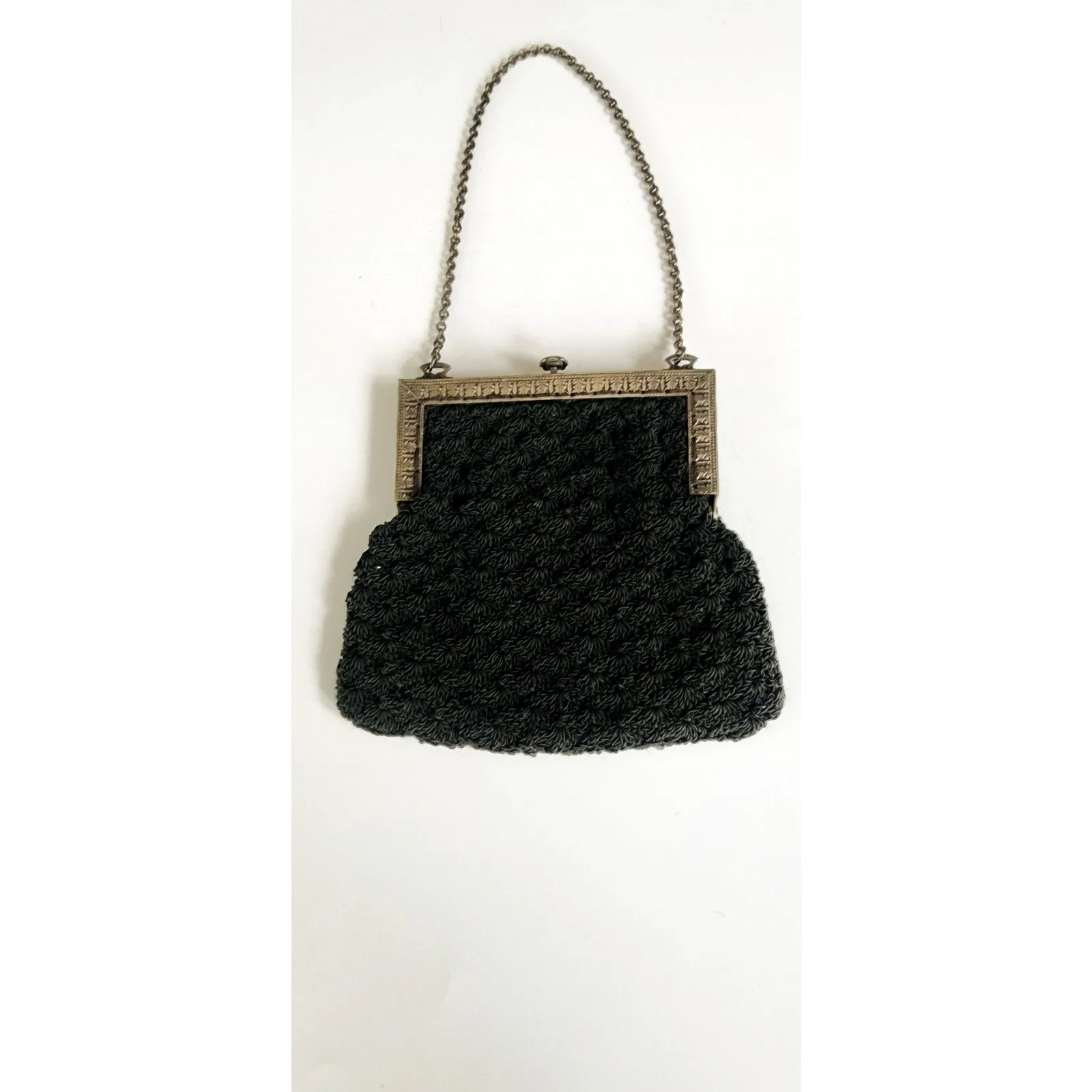 Antique Black Crochet Bag Silver Metal Etched Frame Edwardian 1910s Purse