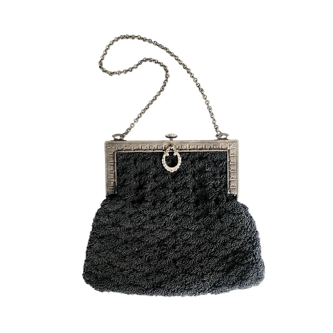 Antique Black Crochet Bag Silver Metal Etched Frame Edwardian 1910s Purse