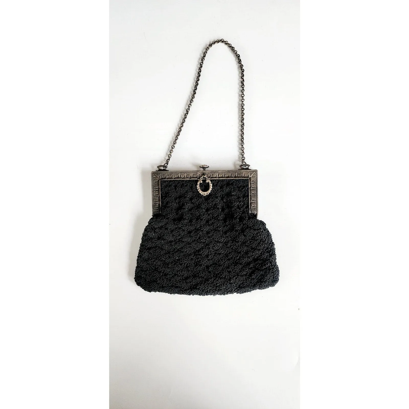 Antique Black Crochet Bag Silver Metal Etched Frame Edwardian 1910s Purse