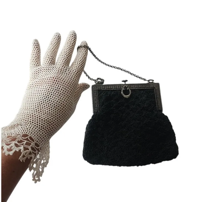 Antique Black Crochet Bag Silver Metal Etched Frame Edwardian 1910s Purse