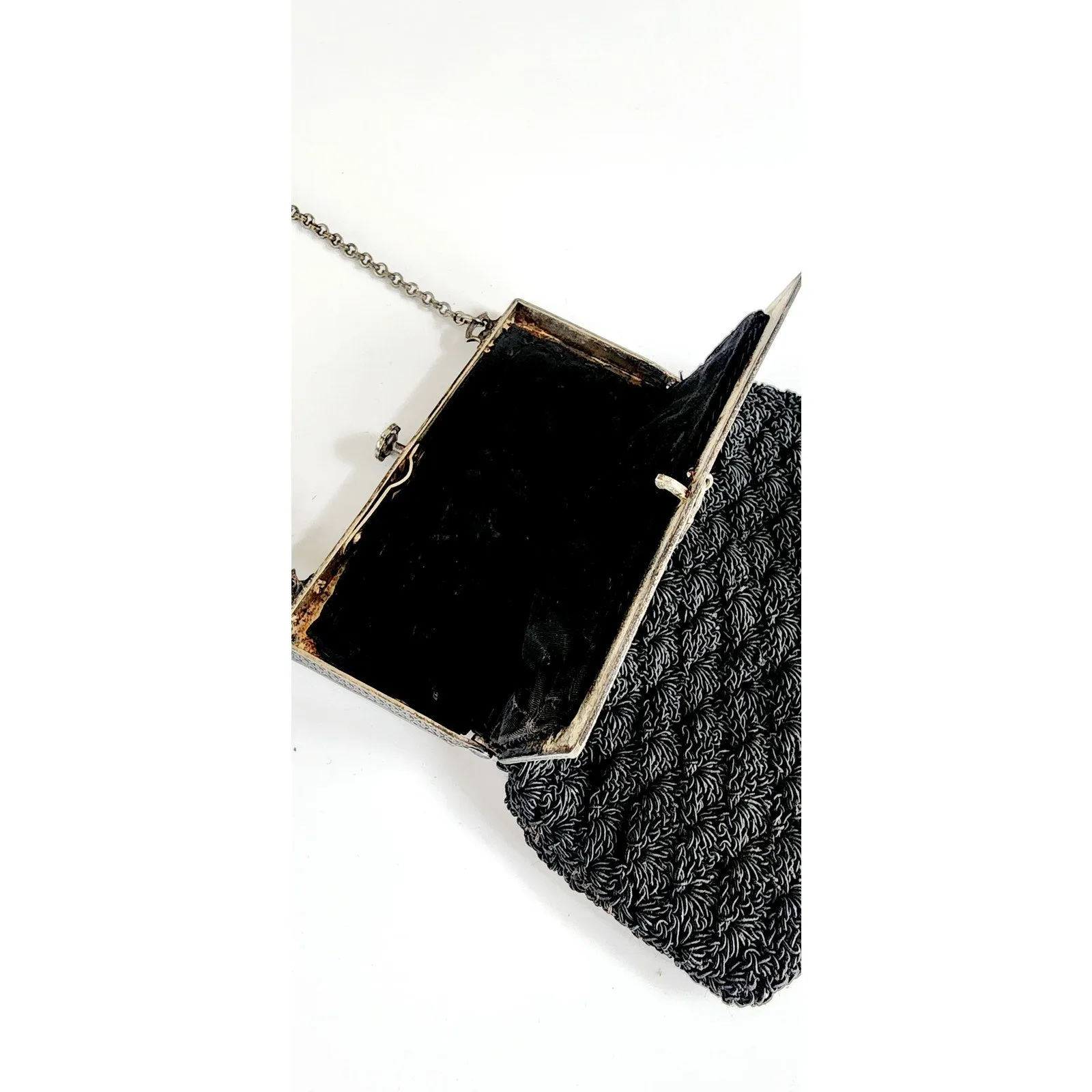 Antique Black Crochet Bag Silver Metal Etched Frame Edwardian 1910s Purse