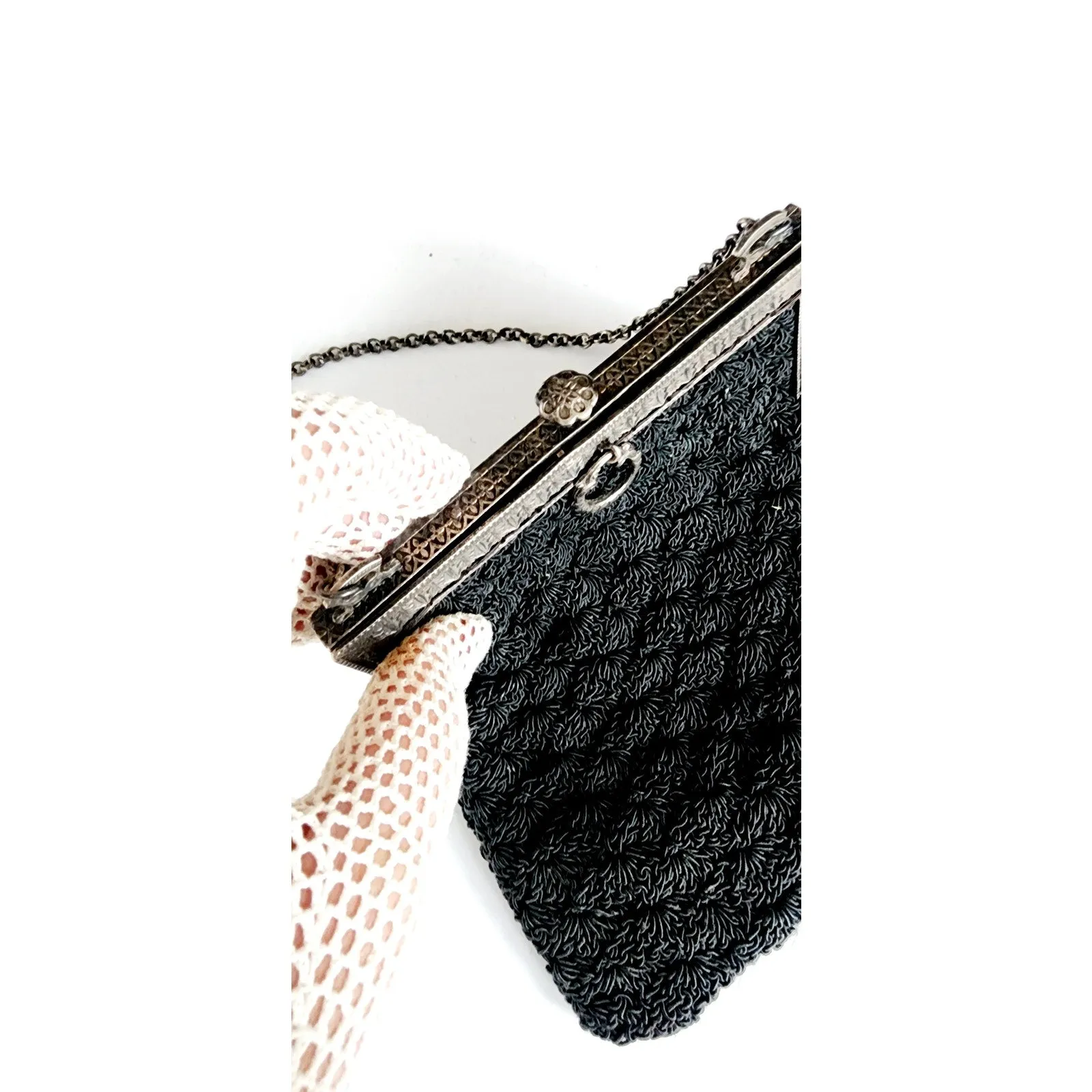 Antique Black Crochet Bag Silver Metal Etched Frame Edwardian 1910s Purse