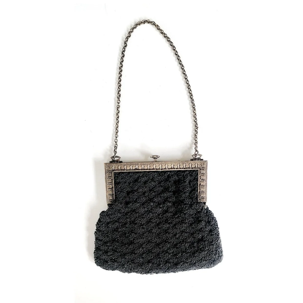 Antique Black Crochet Bag Silver Metal Etched Frame Edwardian 1910s Purse