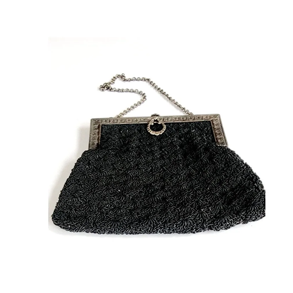 Antique Black Crochet Bag Silver Metal Etched Frame Edwardian 1910s Purse