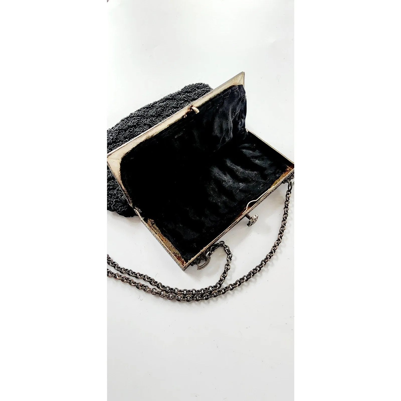 Antique Black Crochet Bag Silver Metal Etched Frame Edwardian 1910s Purse