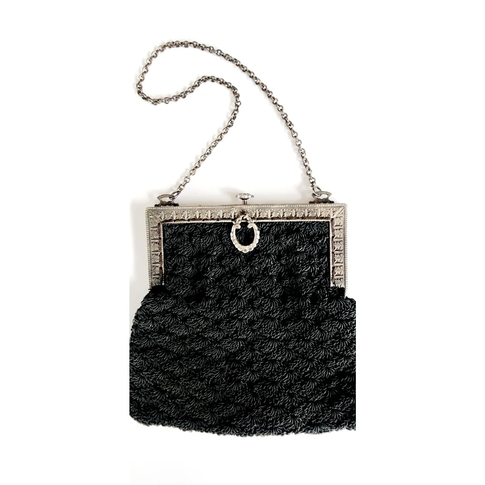 Antique Black Crochet Bag Silver Metal Etched Frame Edwardian 1910s Purse