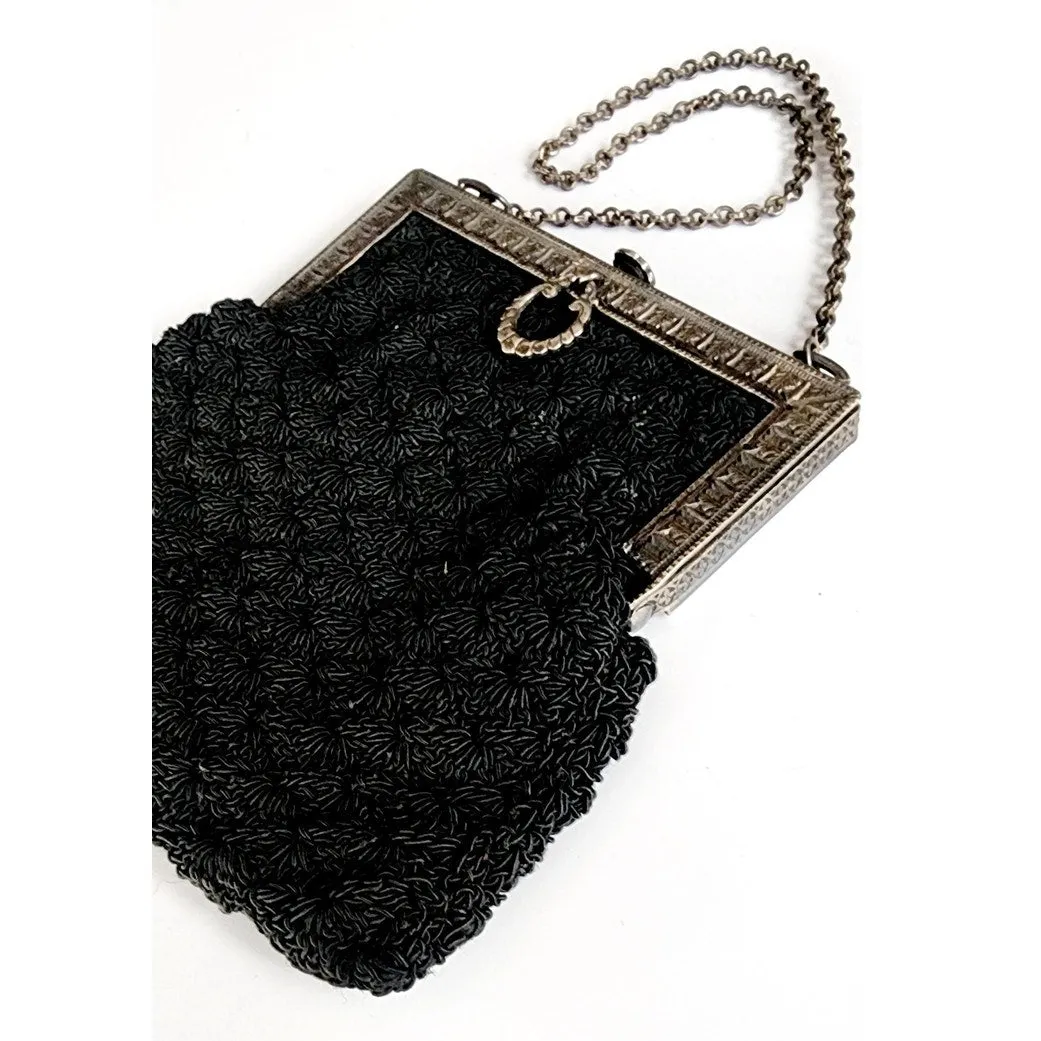 Antique Black Crochet Bag Silver Metal Etched Frame Edwardian 1910s Purse