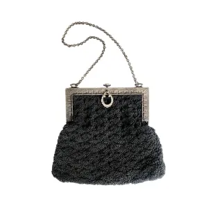 Antique Black Crochet Bag Silver Metal Etched Frame Edwardian 1910s Purse
