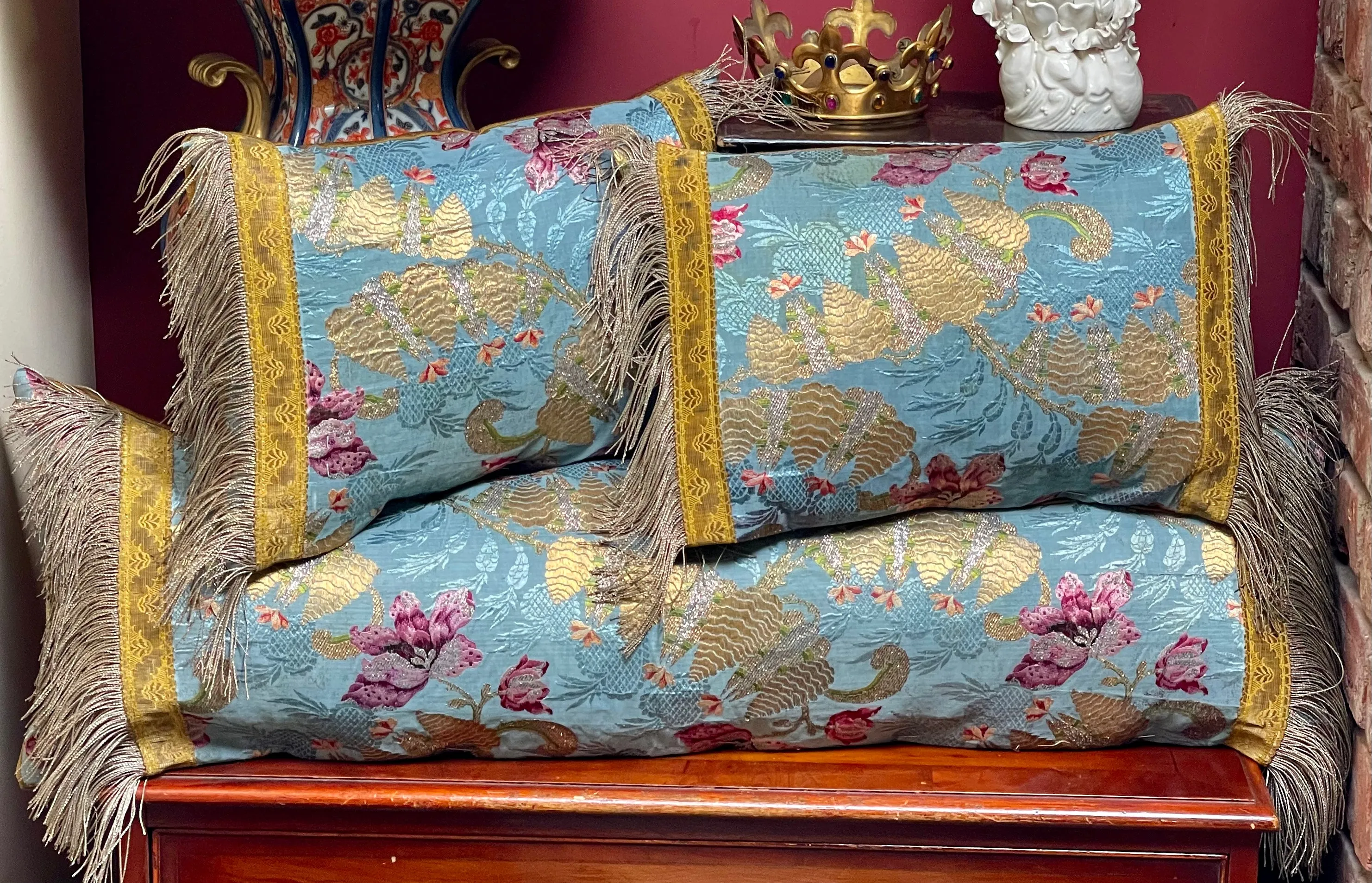 Antique Cushions Set of Three 18th Century French Silk Brocade