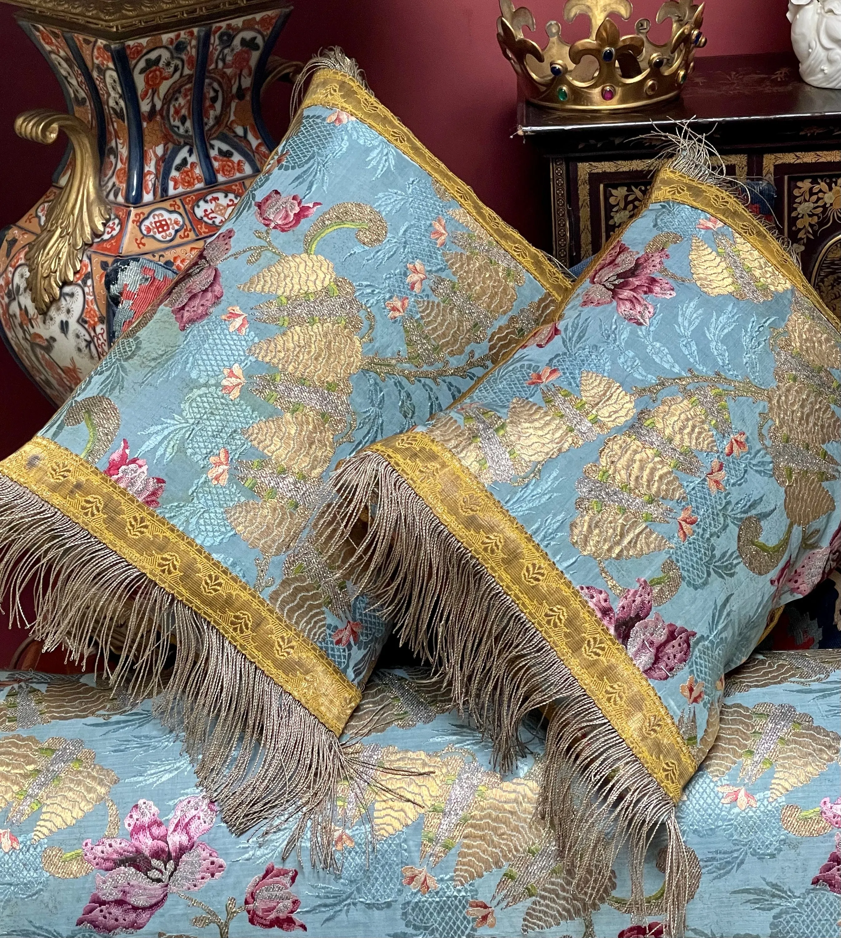 Antique Cushions Set of Three 18th Century French Silk Brocade