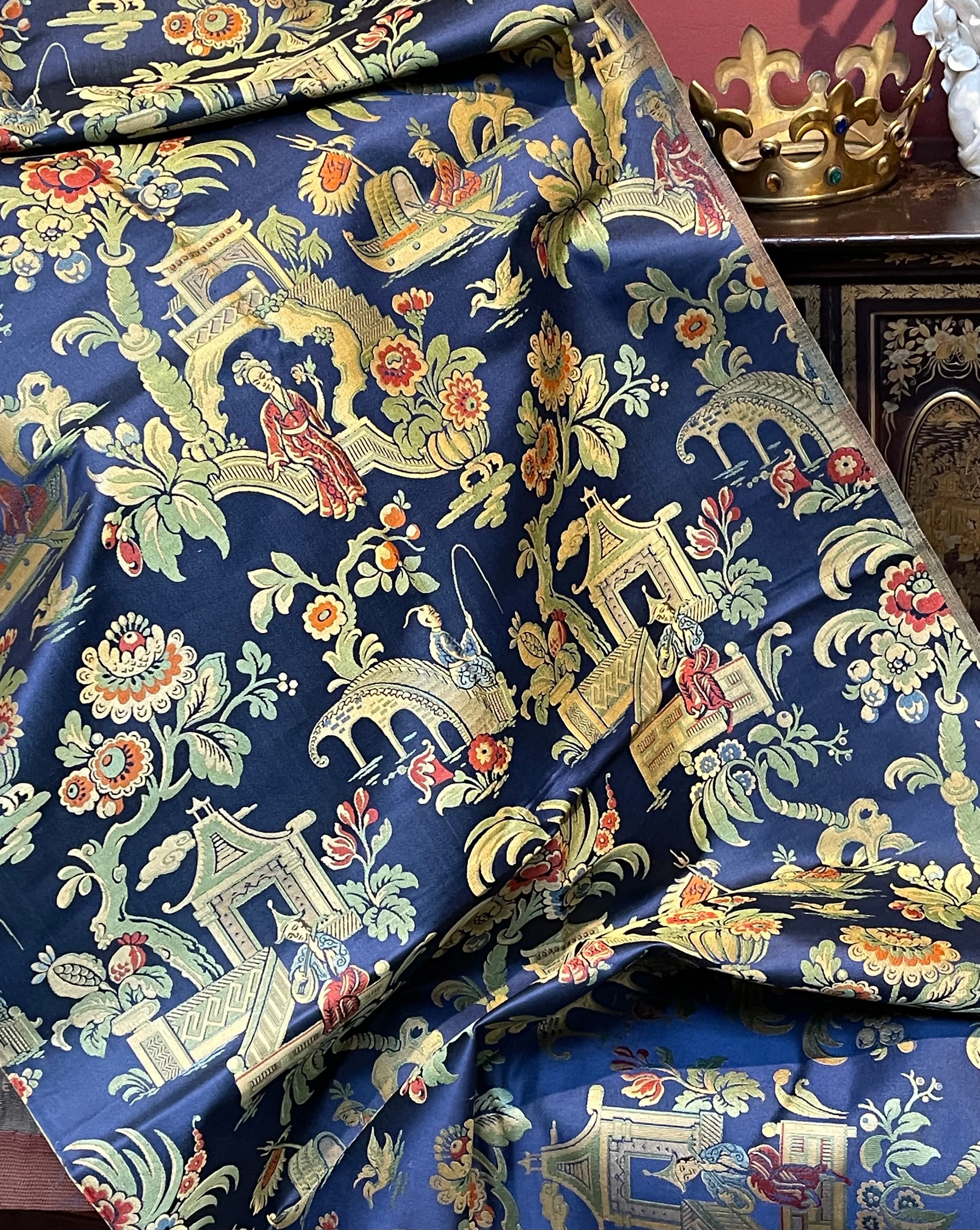 Antique French Silk Brocade Chinoiserie Design