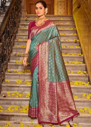 Antique Green Woven Banarasi Silk Saree With Brocade Blouse