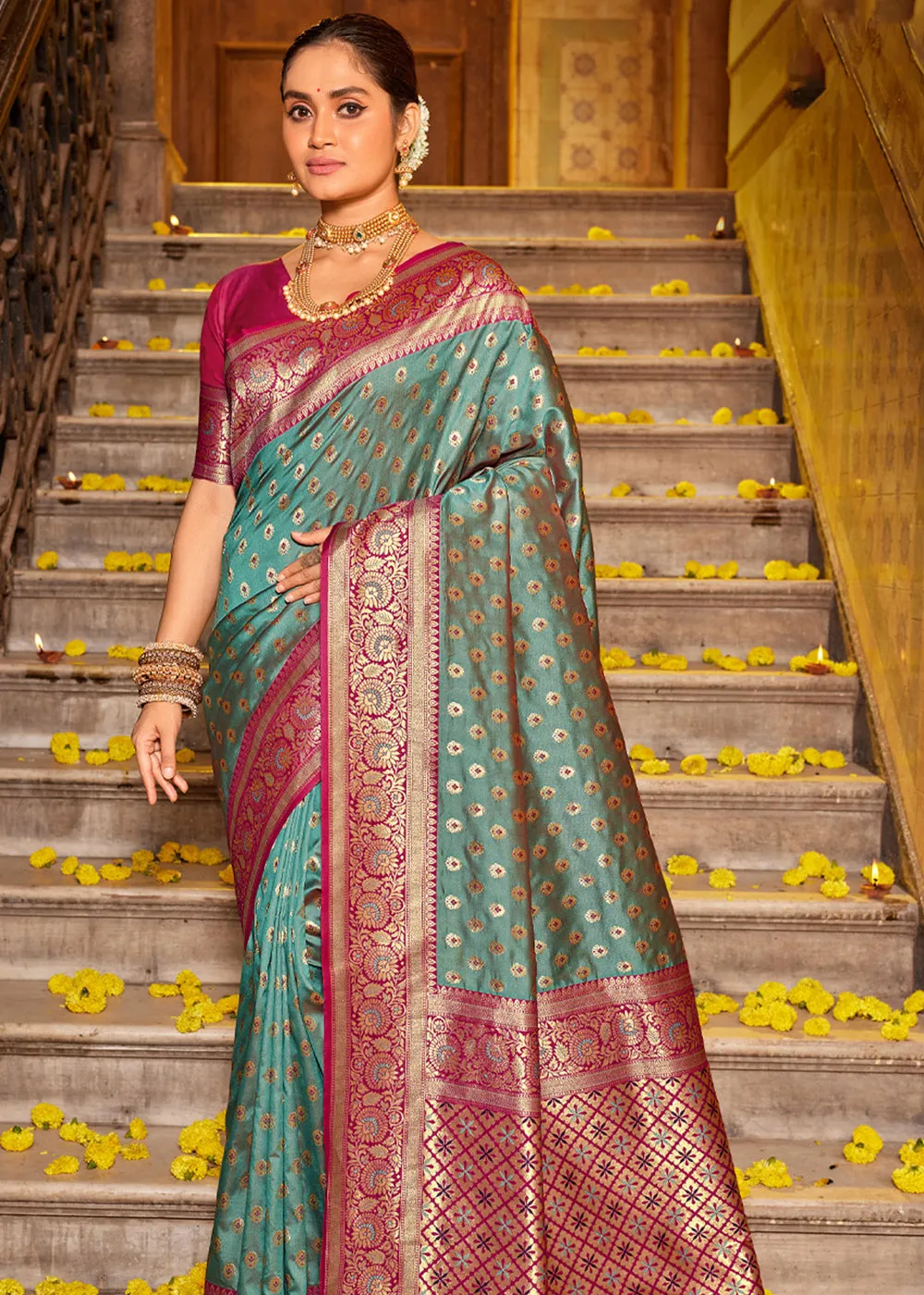 Antique Green Woven Banarasi Silk Saree With Brocade Blouse