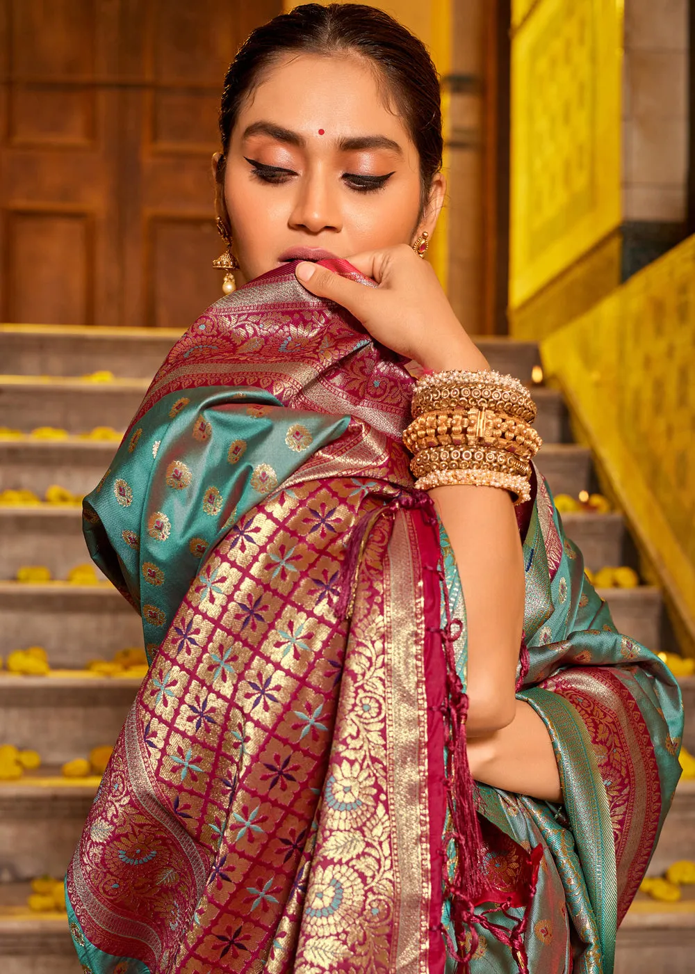 Antique Green Woven Banarasi Silk Saree With Brocade Blouse