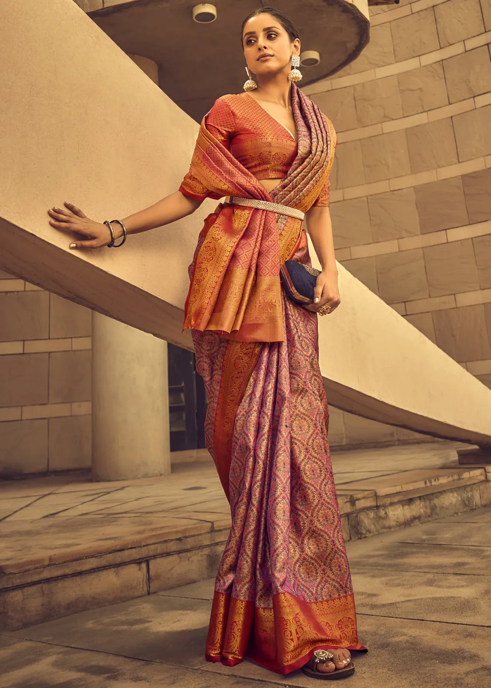 Antique Pink Woven Banarasi Brocade Silk Saree
