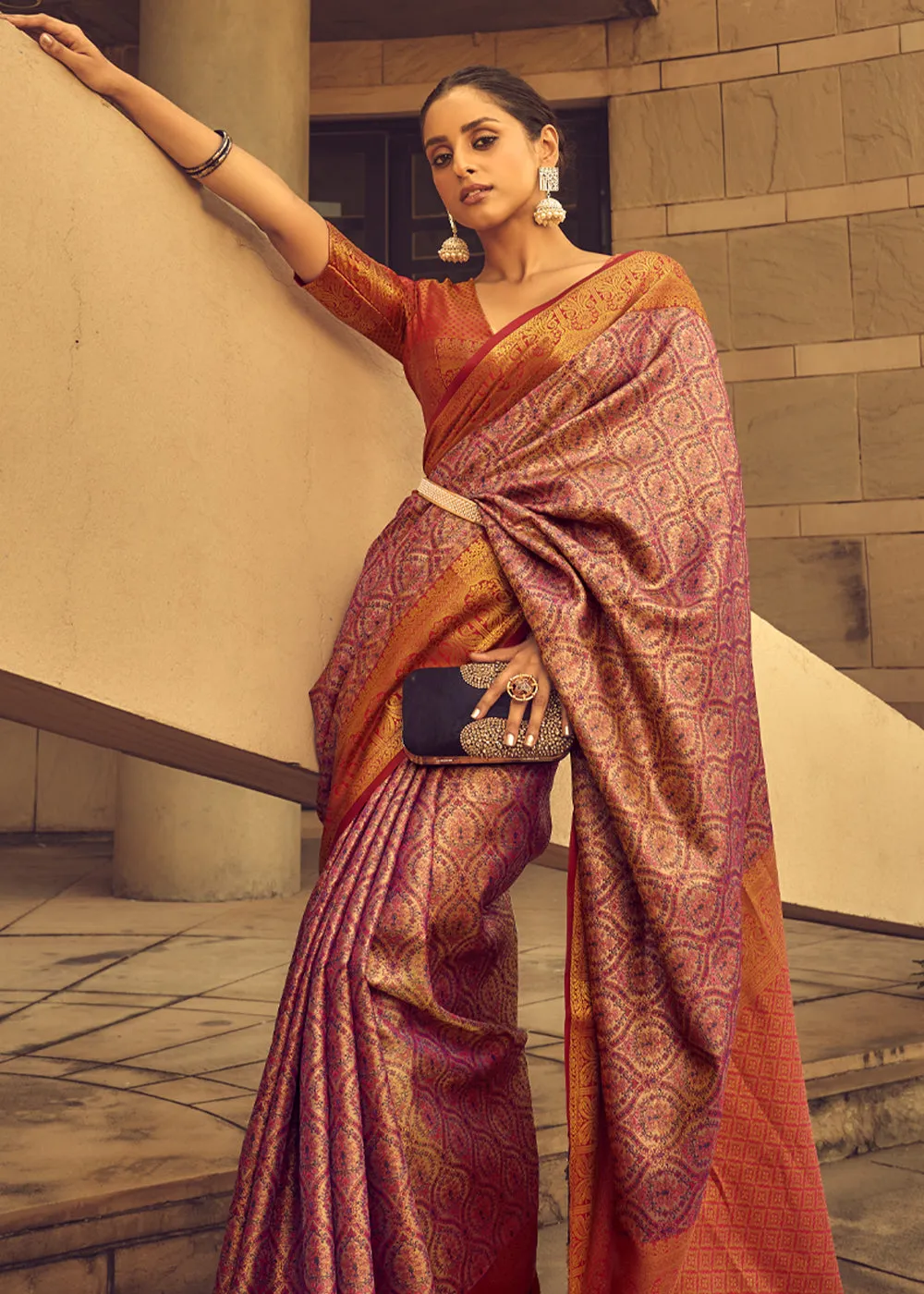 Antique Pink Woven Banarasi Brocade Silk Saree