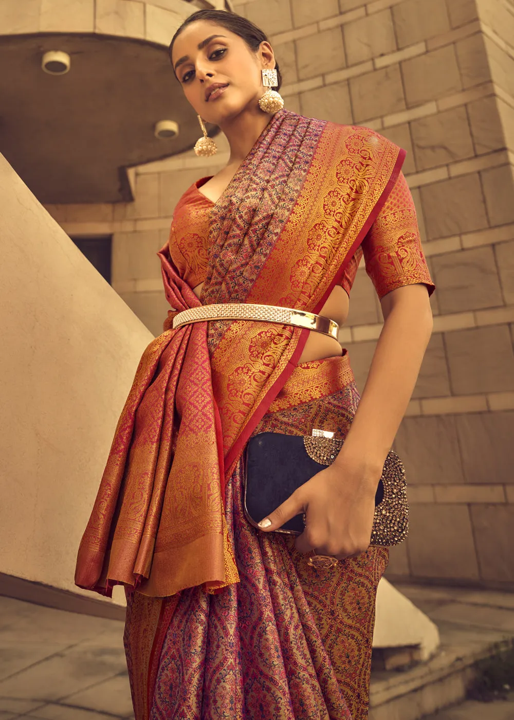 Antique Pink Woven Banarasi Brocade Silk Saree