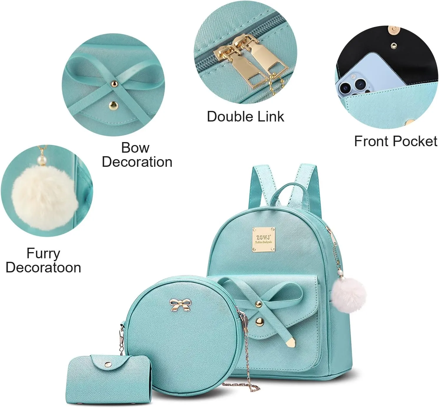 Aogist Mini Leather Backpack Purse 3-Pieces Fashion Bowknot Zipper Bags Cute Casual Travel Daypacks for and Women