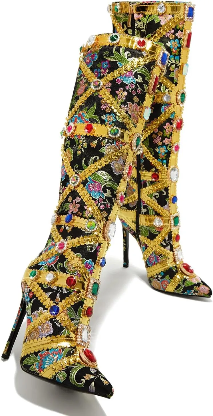 Arqa Womens Stiletto Heel Closed Pointed Toe Knee High Boots Floral Print Brocade Boot Side Zipper