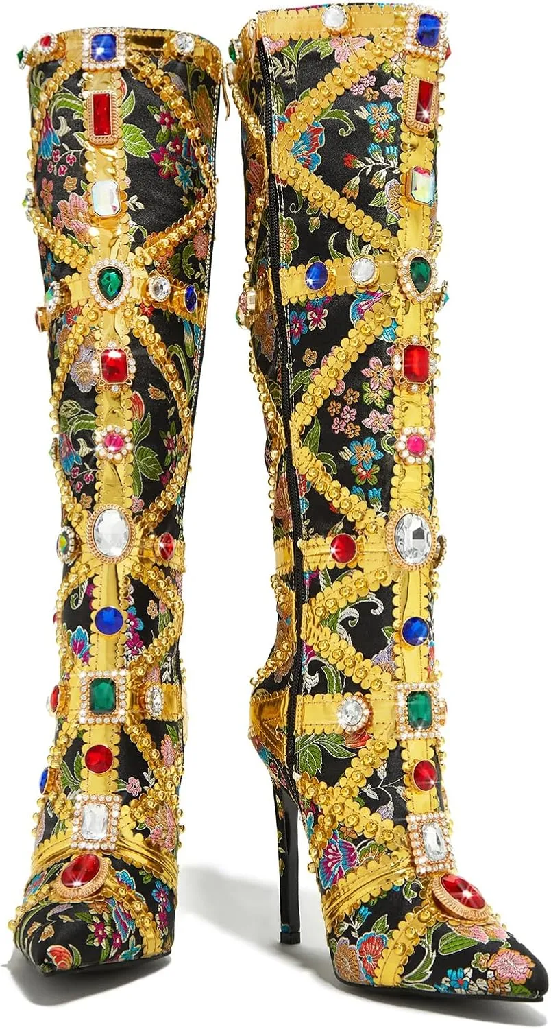 Arqa Womens Stiletto Heel Closed Pointed Toe Knee High Boots Floral Print Brocade Boot Side Zipper