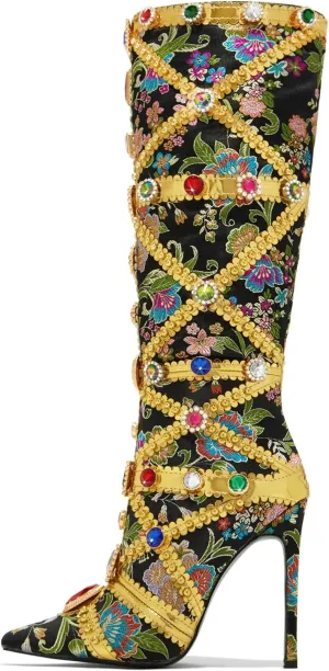Arqa Womens Stiletto Heel Closed Pointed Toe Knee High Boots Floral Print Brocade Boot Side Zipper