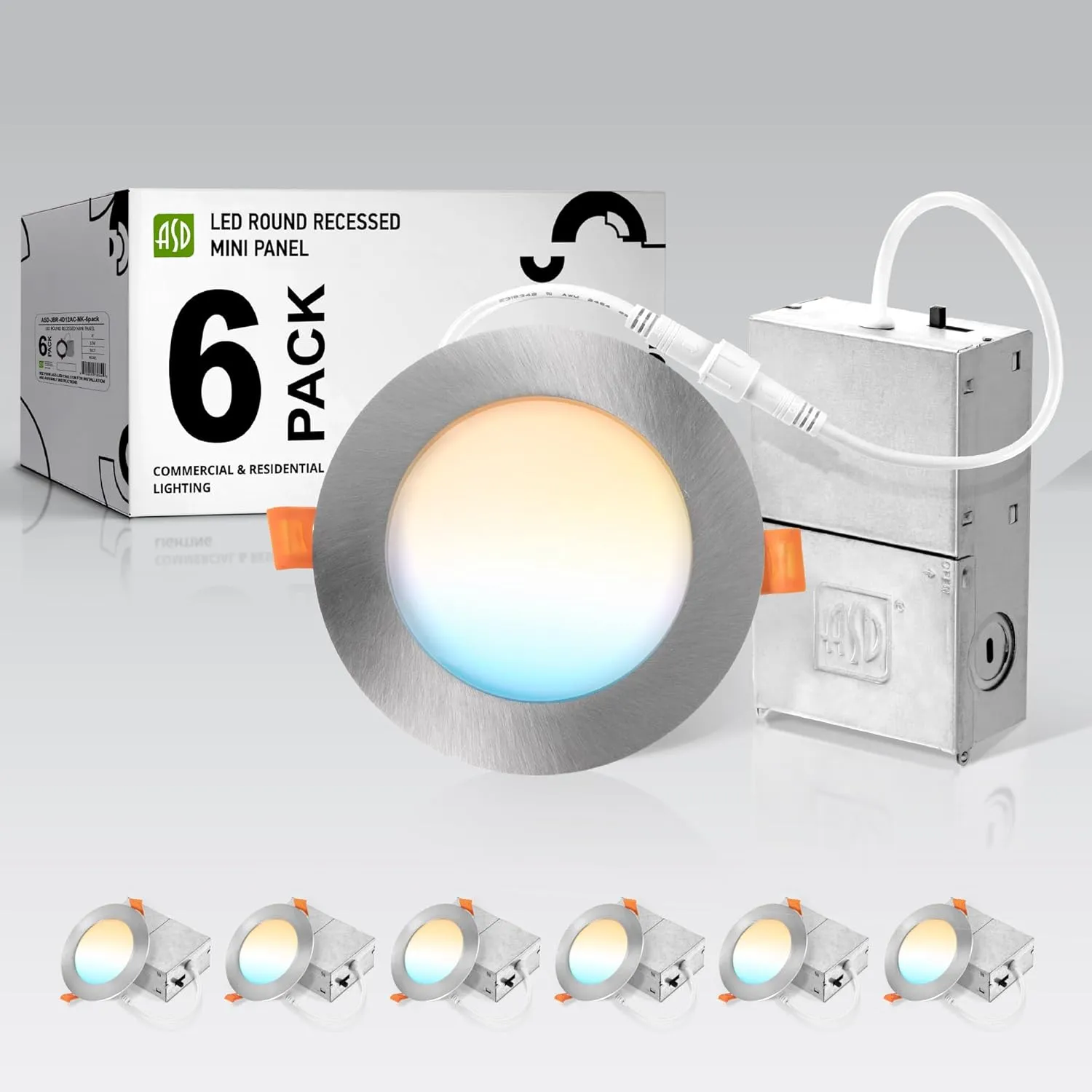 ASD 6 Pack LED Recessed Lighting 4 Inch, 5 CCT 2700K-5000K, 12W 50W Eqv, Ultra Thin Dimmable Ceiling Lights with J Box, Canless Wafer Downlight, Round Slim Panel Light, UL Energy Star, Brushed Nickel