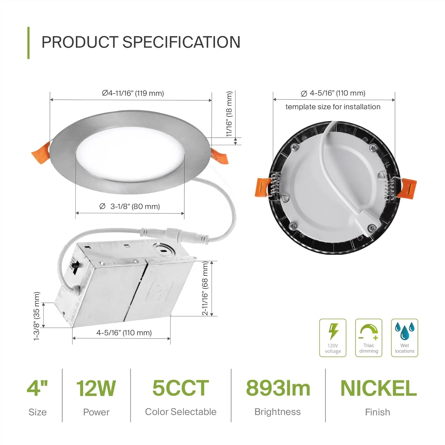 ASD 6 Pack LED Recessed Lighting 4 Inch, 5 CCT 2700K-5000K, 12W 50W Eqv, Ultra Thin Dimmable Ceiling Lights with J Box, Canless Wafer Downlight, Round Slim Panel Light, UL Energy Star, Brushed Nickel