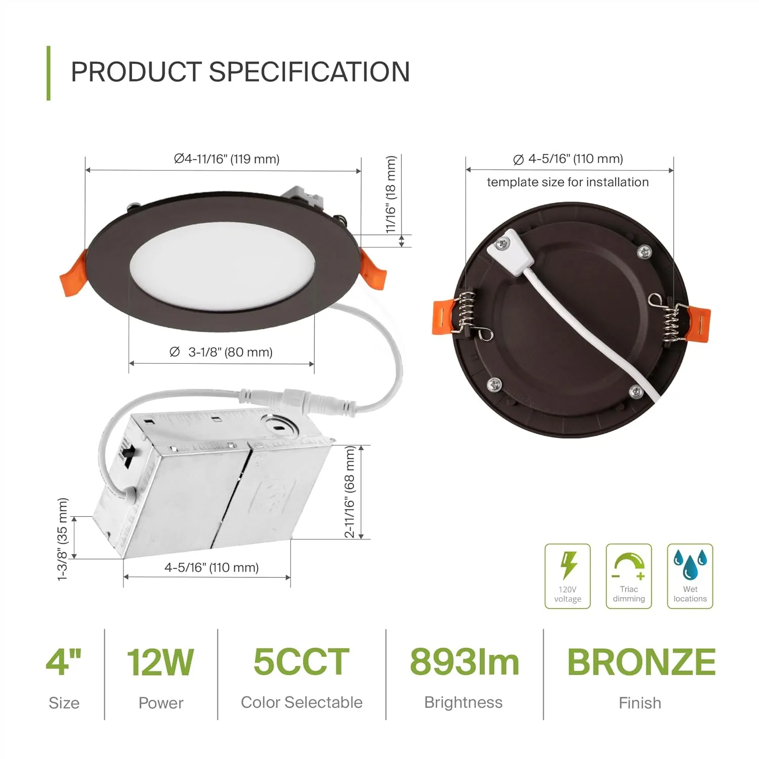 ASD 6 Pack LED Recessed Lighting 4 Inch, 5 CCT 2700K-5000K, 12W 50W Eqv, Ultra Thin Dimmable Ceiling Lights with J Box, Canless Wafer Downlight, Round Slim Panel, UL Energy Star, Oil-Rubbed Bronze