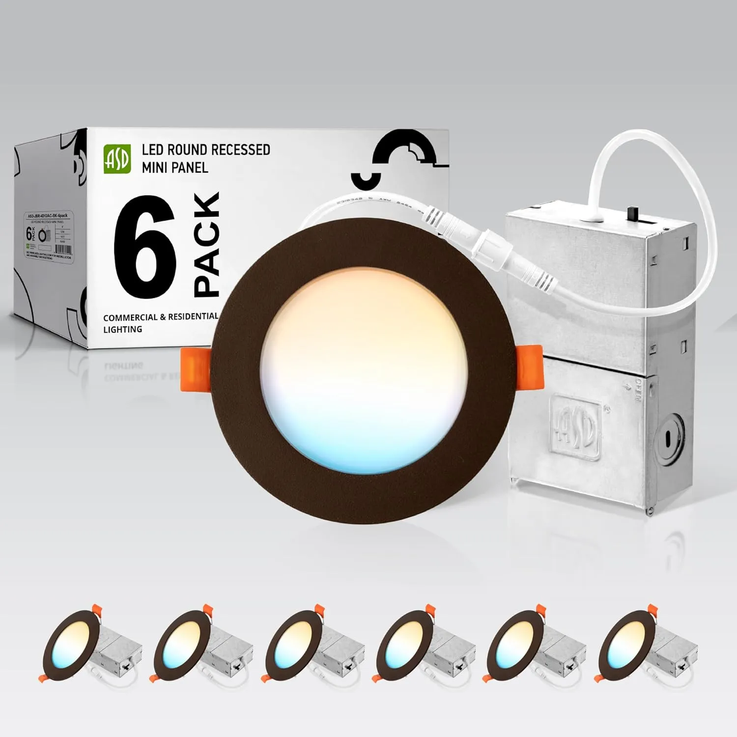 ASD 6 Pack LED Recessed Lighting 4 Inch, 5 CCT 2700K-5000K, 12W 50W Eqv, Ultra Thin Dimmable Ceiling Lights with J Box, Canless Wafer Downlight, Round Slim Panel, UL Energy Star, Oil-Rubbed Bronze