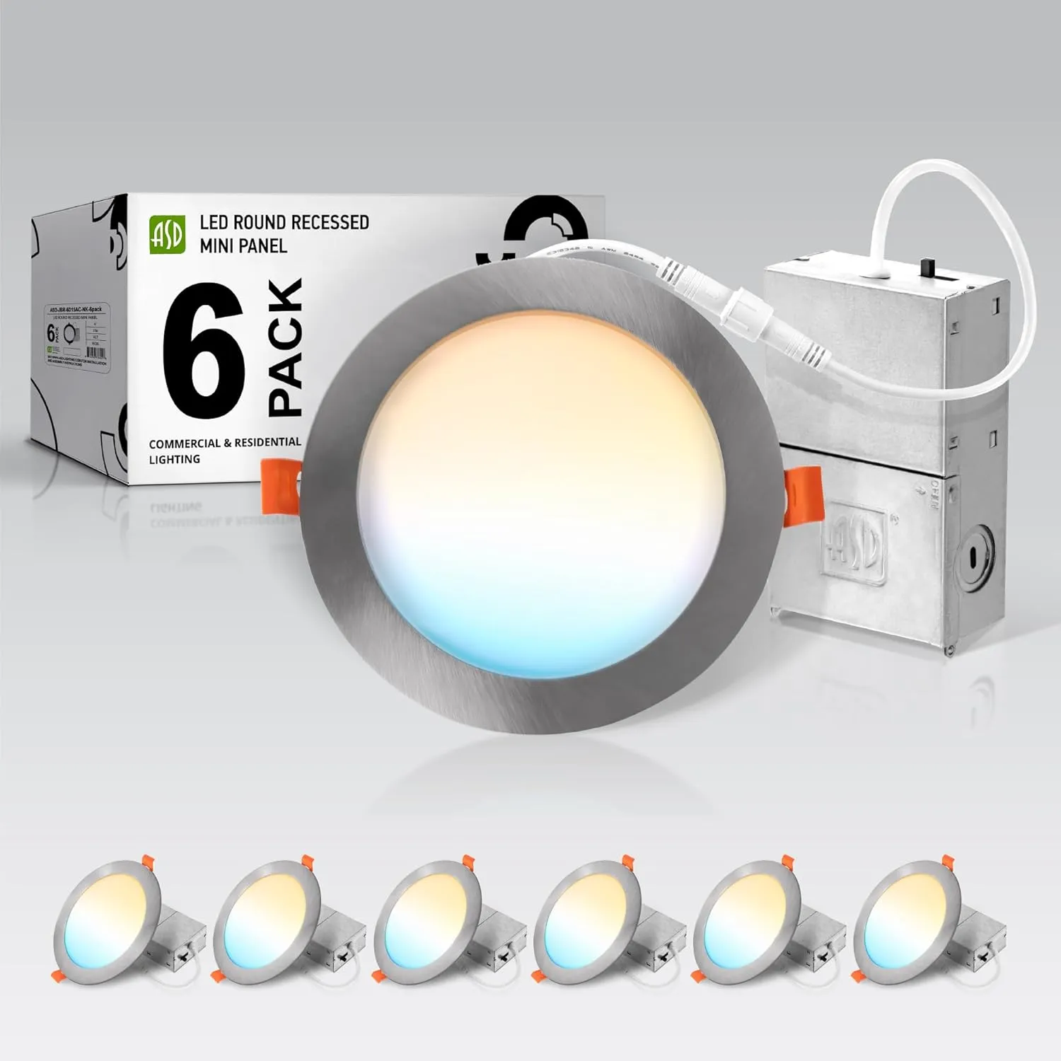 ASD 6 Pack LED Recessed Lighting 6 Inch, 5 CCT 2700K-5000K, 15W 60W Eqv, Ultra Thin Dimmable Ceiling Lights with J Box, Canless Wafer Downlight, Round Slim Panel Light, UL Energy Star, Brushed Nickel