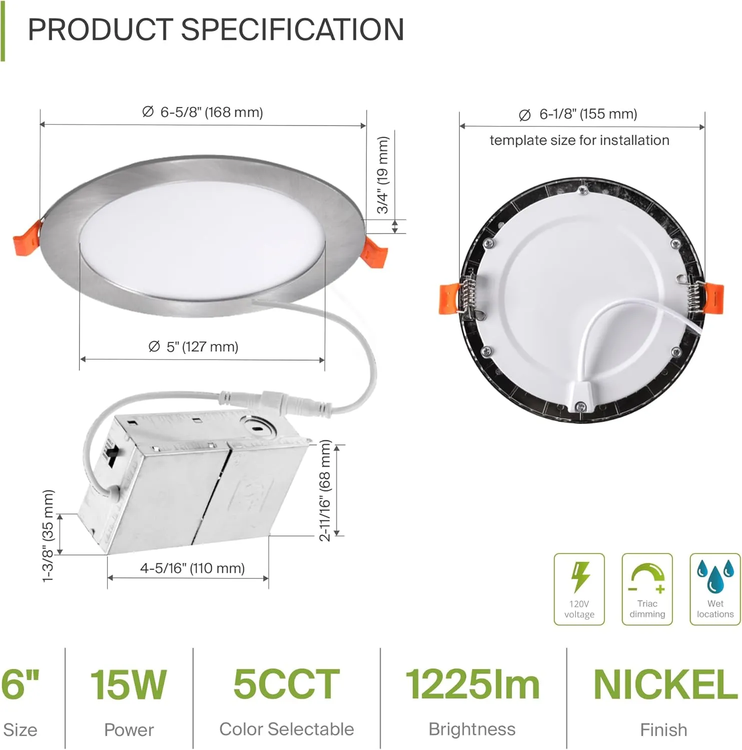 ASD 6 Pack LED Recessed Lighting 6 Inch, 5 CCT 2700K-5000K, 15W 60W Eqv, Ultra Thin Dimmable Ceiling Lights with J Box, Canless Wafer Downlight, Round Slim Panel Light, UL Energy Star, Brushed Nickel
